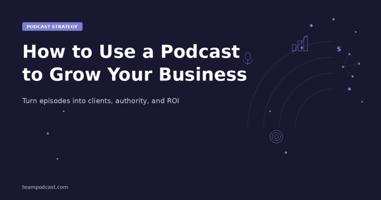 Blog featured image for How to Use a Podcast to Grow Your Business in 2026, showing podcast strategy icons including a microphone, growth chart, target, and dollar sign on a dark navy background with teampodcast.com branding