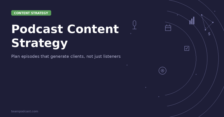 Podcast Content Strategy guide for business professionals with microphone, calendar, growth chart, and target icons on dark navy background