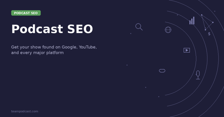 Podcast SEO guide with search magnifying glass, globe, growth chart, YouTube play button, and microphone icons on dark navy branded background"